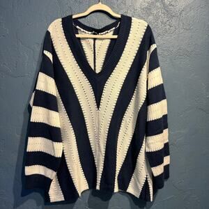 Navy & White Striped Sweater Size 2XL V-Neck Nautical Coastal Beach Cruise